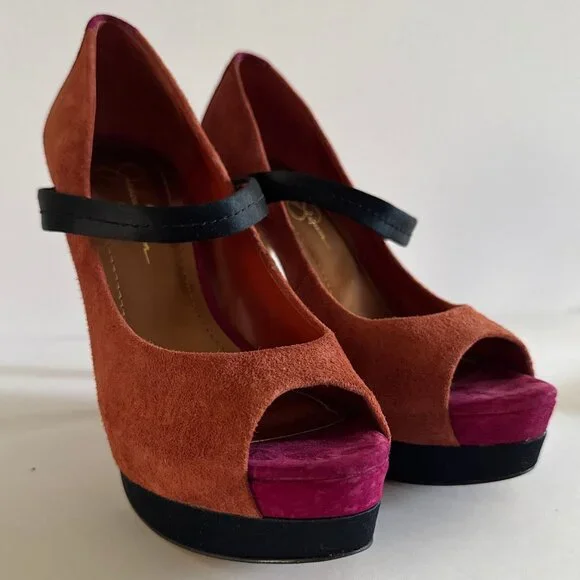 Women’s Suede Peep Toe Heels Size 8.5 M Orange Black Pink Color block Formal - Picture 2 of 14